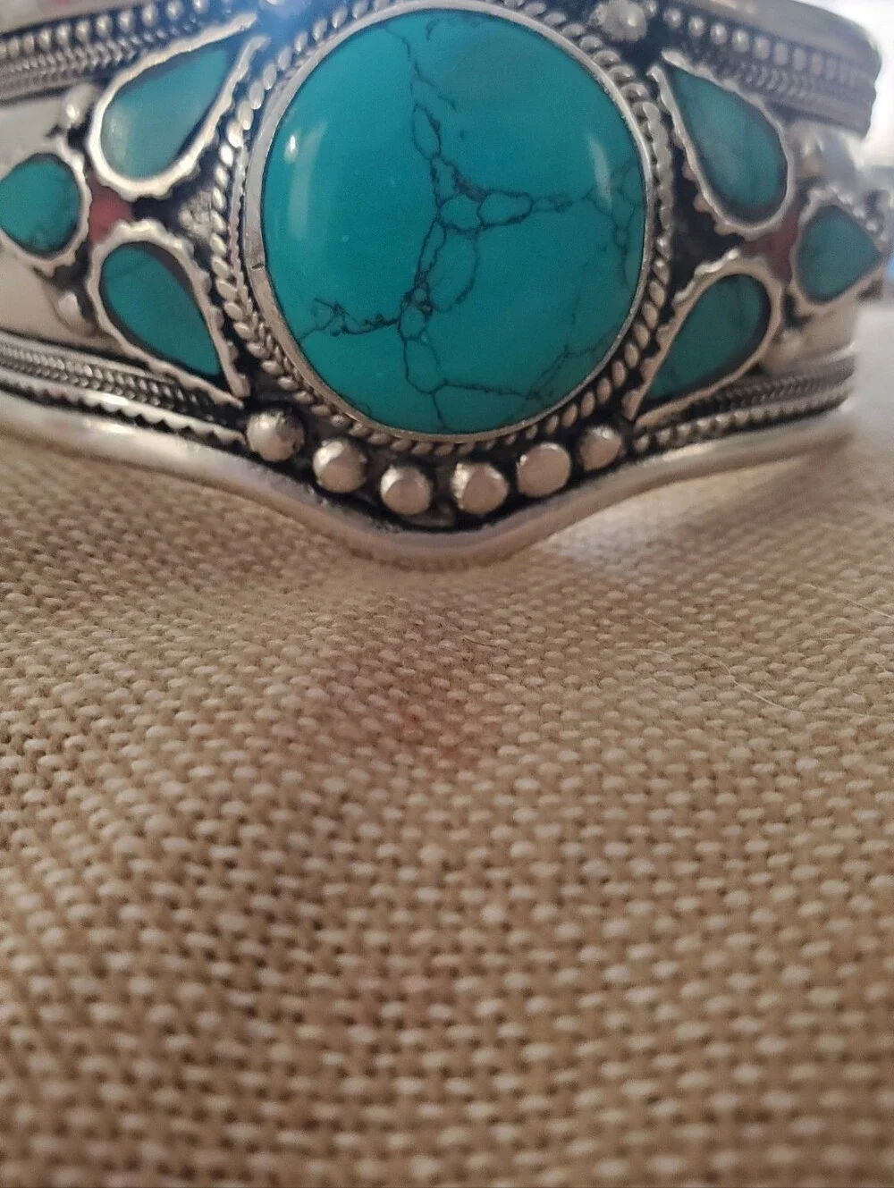 Boho German Silver Plated Turquoise Wide Statement Cuff Tribal Bracelet Western